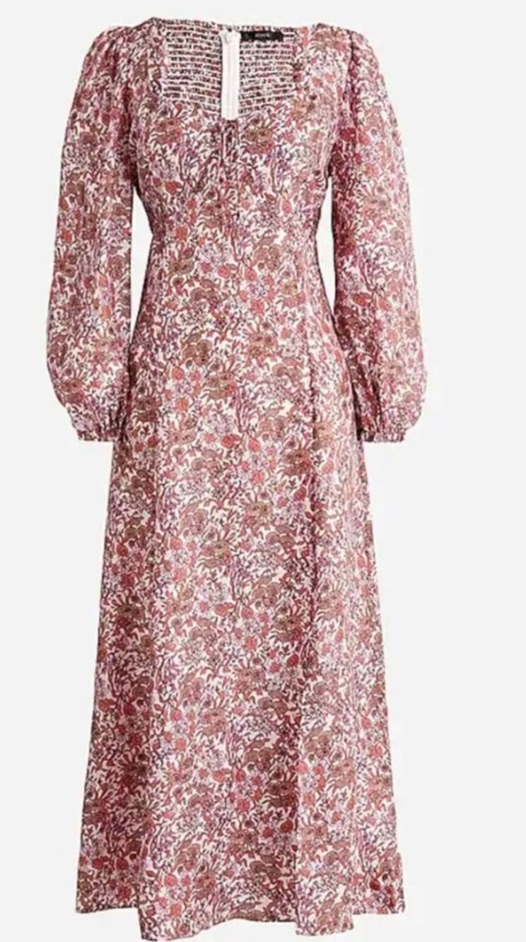 J CREW pink purple Sweetheart puff long sleeve silky midi dress in Fête Floral